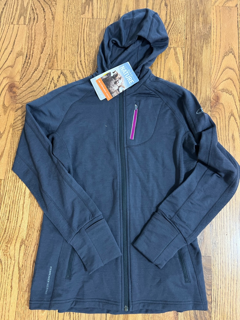 Icebreaker Women's QuantNavy Blue Full-Zip Hooded Jacket with Pink Zipper Accent